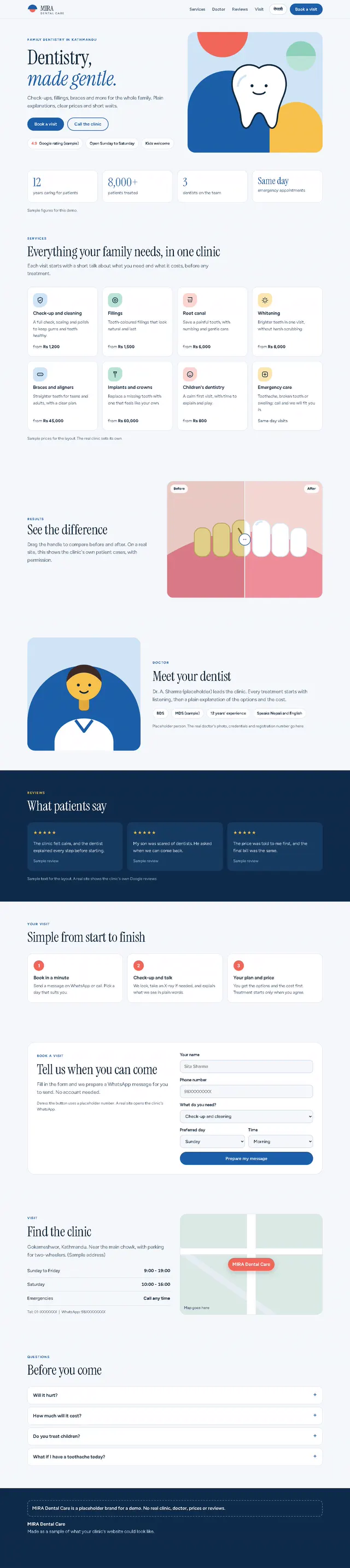 Full-length view of a sample dental clinic website
