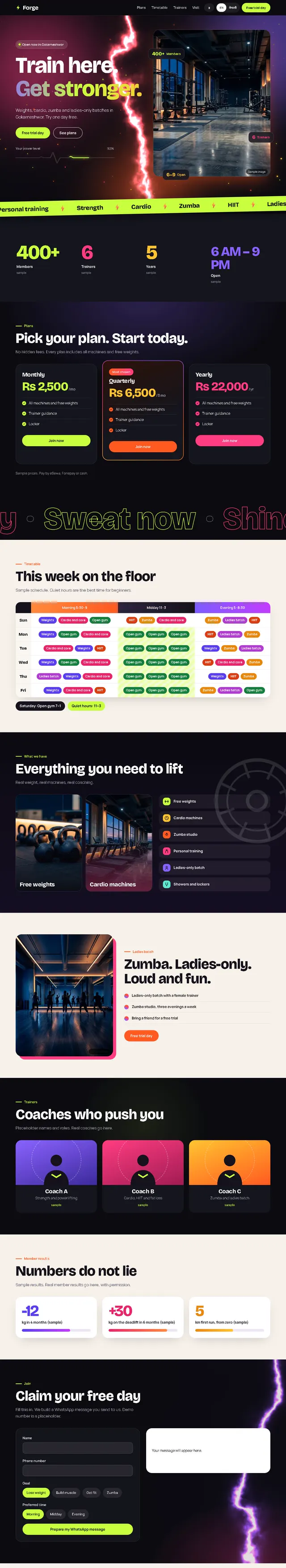 Full-length view of a sample gym website