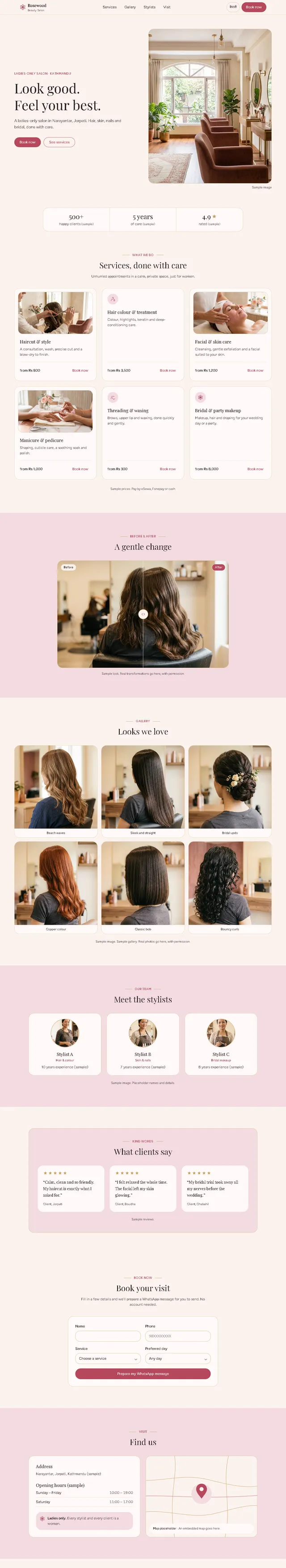 Full-length view of a sample beauty salon website