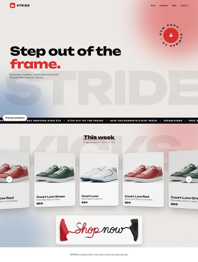 View of a sample sneaker store launch page
